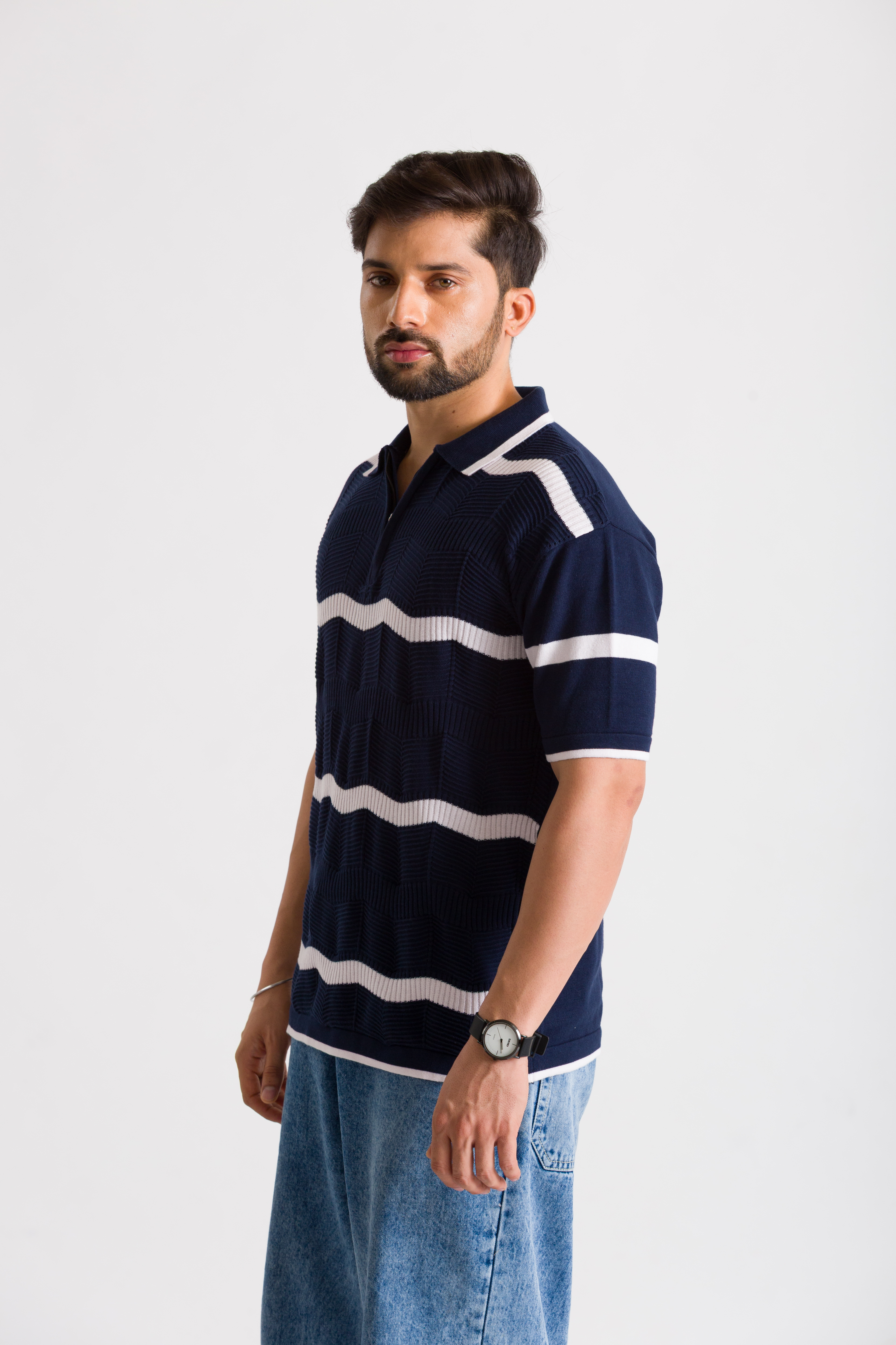 Knitted Navy Blue White Curvy Stripe Polo